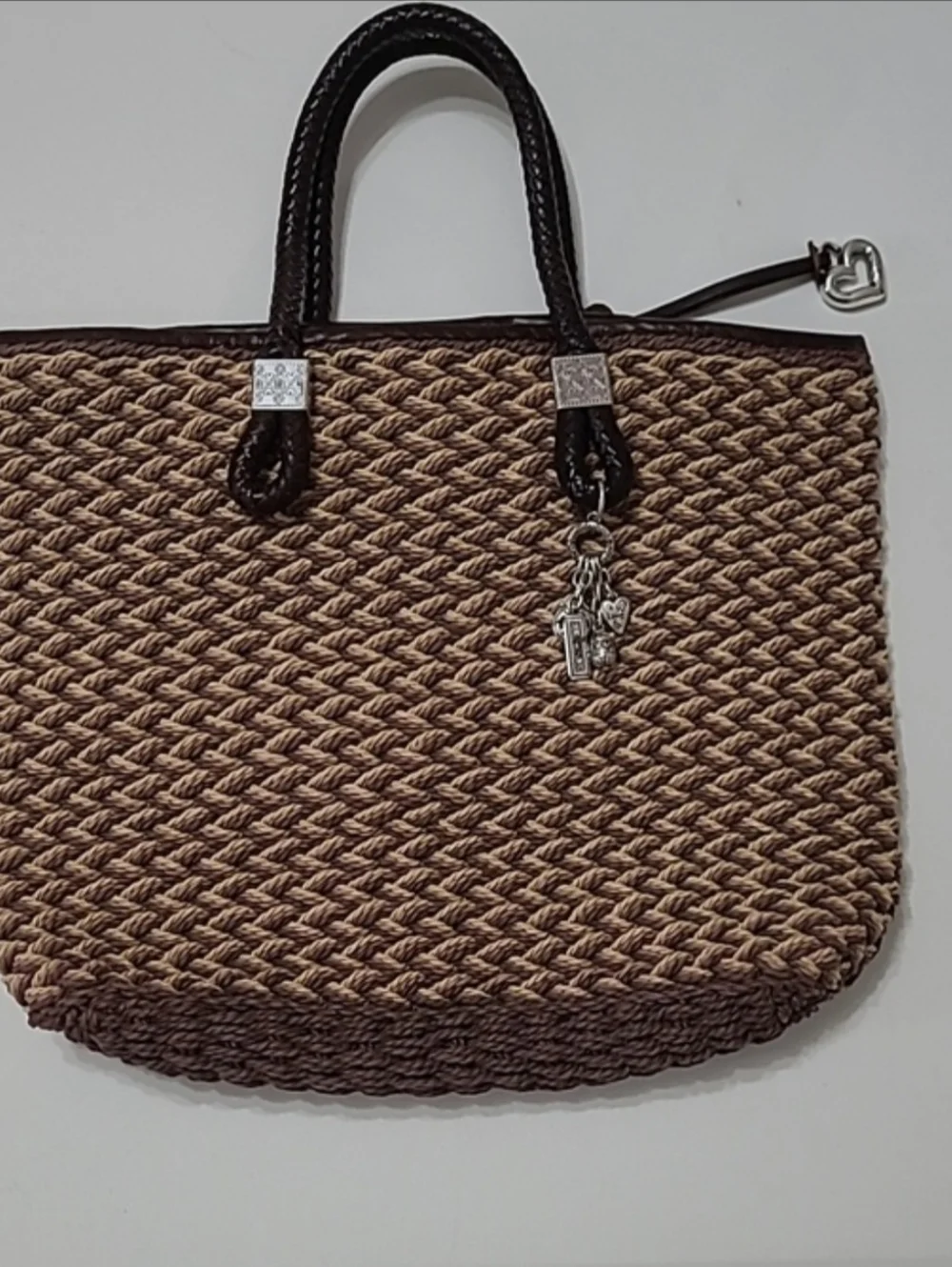 Brighton Tan Woven Tote, Dark Brown Trim, Silver Charm & Leather Braided Handles